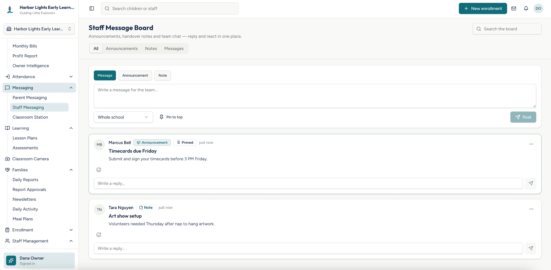 Kemazu.com Staff Message Board with announcements, notes, team messages, and replies