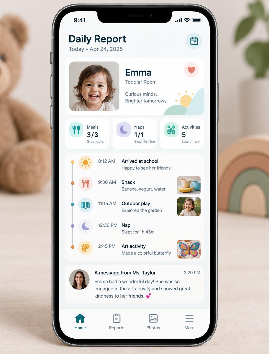 Kemazu.com parent app showing a child's daily report with meals, naps, activities, and a teacher message
